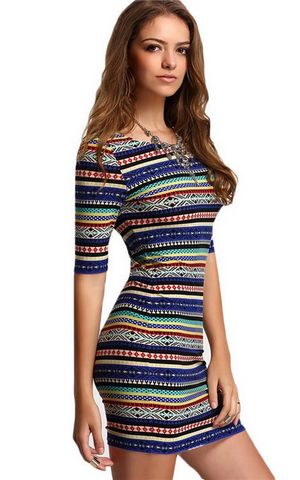 W25033 Многоцветный Винтаж Печать Круглый Шея Половина Рукав Bodycon Платье